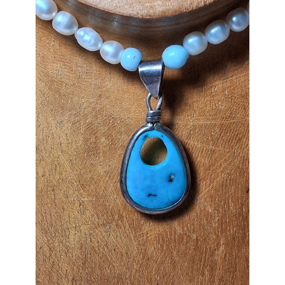 Pearl Necklace With Easter Blue Turquoise Pendant Set In 925 Sterling Silver 18"